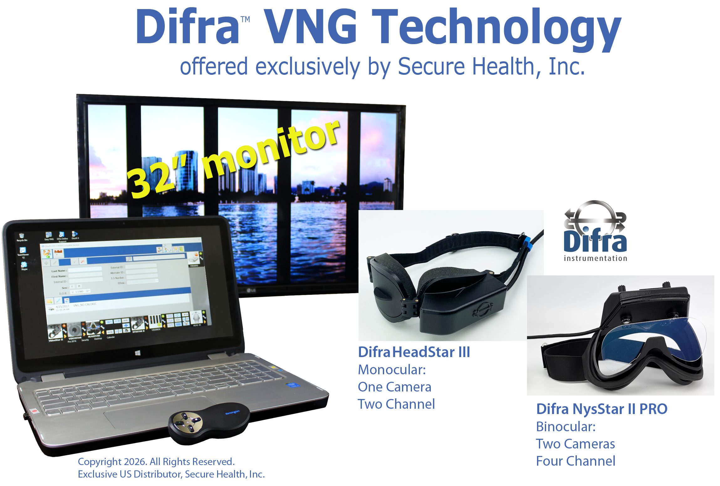 Difra HeadStarr III, Difra NysStar II PRO, full featured VNG videonystagmography system shown with laptop computer, VNG goggles and 32" monitor